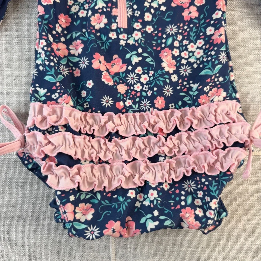 Ruffle Butts Long Sleeve Swimsuit 6-12 Months Blue Floral With Hat‎
